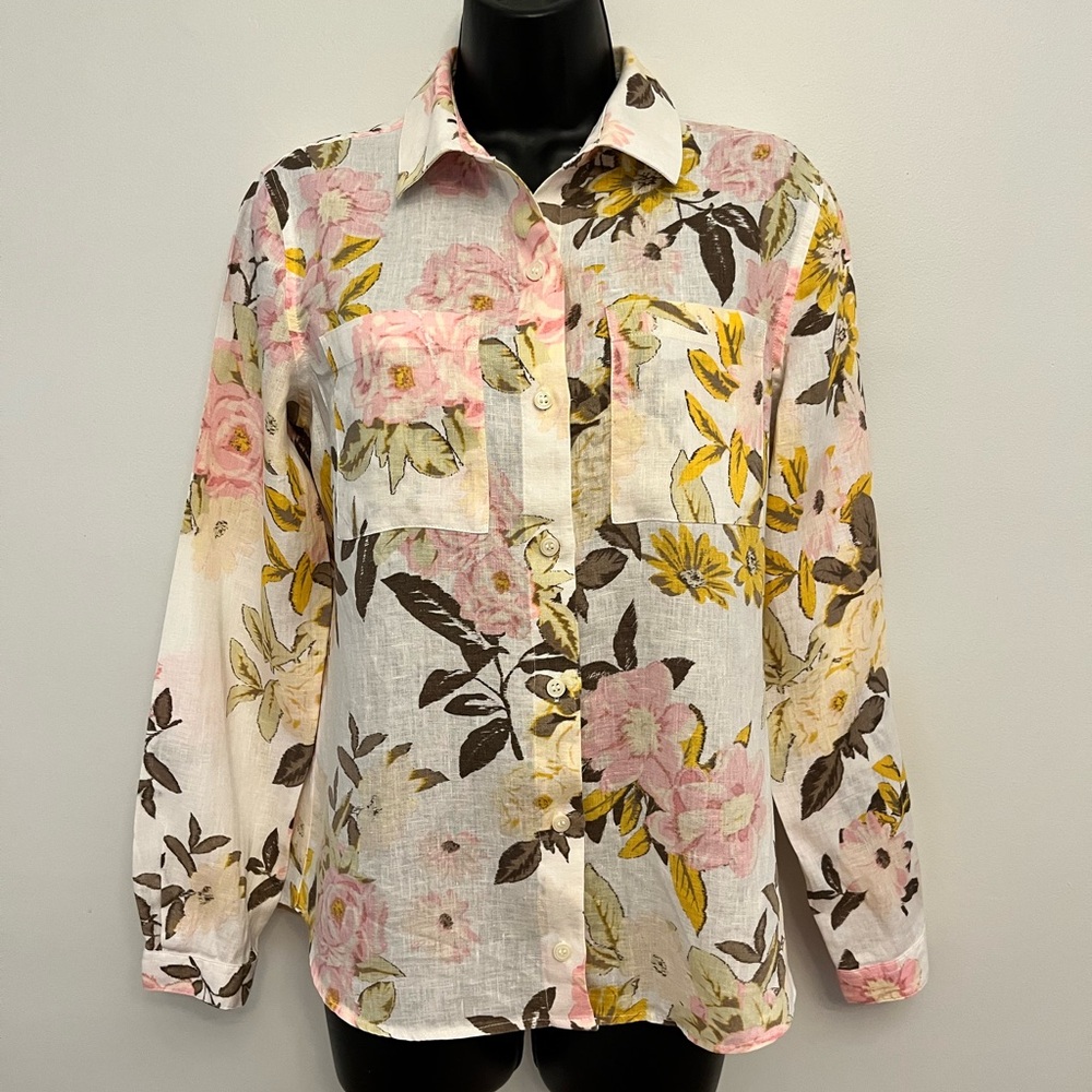 Lord & Taylor Floral Linen Button Down Long Sleeve Shirt, Size Small